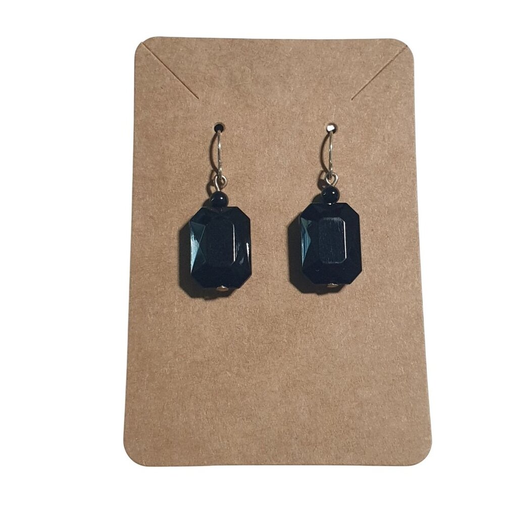 Vintage Black Faceted Drop Earrings Silver Tone Hooks 1.5 Inches Long Casual